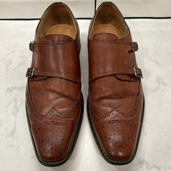 Gino Vitale Brown Monk Strap Brogue Wingtip Leather Men's Dress Shoe 9 - Picture 4 of 16
